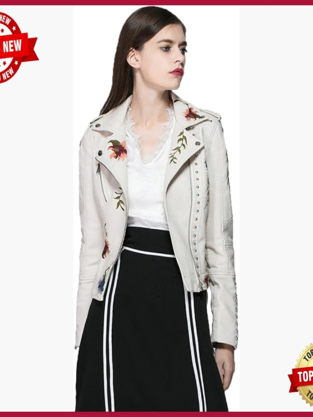 Women's Faux Leather Moto Jacket with Floral Embroidery, Size S